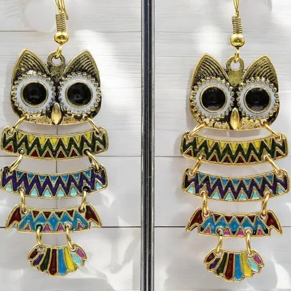 Bohemian Owl Drop Earrings | Colorful Enamel - Picture 2 of 5